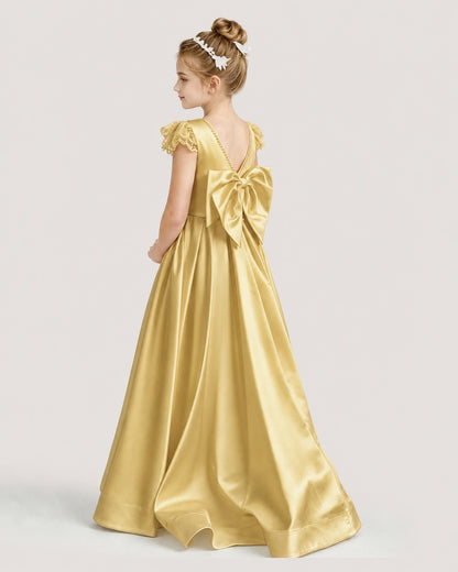 Dideyttawl Satin Girl Formal Dress with Lace Cap Sleeves