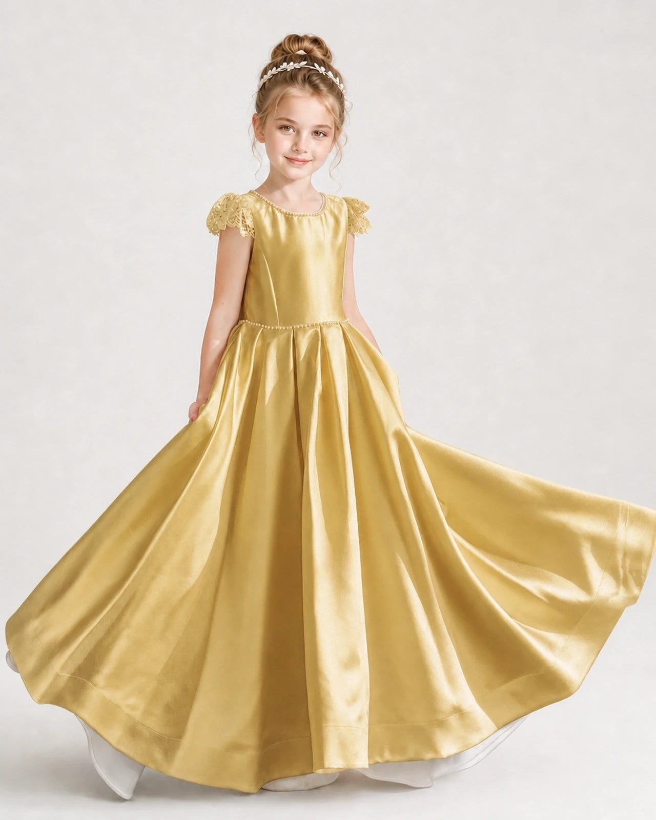 Dideyttawl Satin Girl Formal Dress with Lace Cap Sleeves