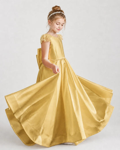 Dideyttawl Satin Girl Formal Dress with Lace Cap Sleeves