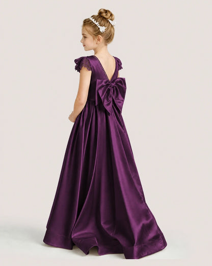 Dideyttawl Satin Girl Formal Dress with Lace Cap Sleeves