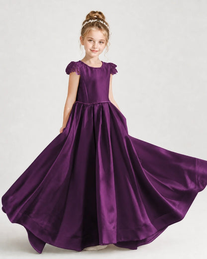 Dideyttawl Satin Girl Formal Dress with Lace Cap Sleeves