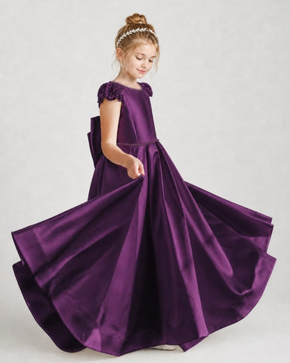 Dideyttawl Satin Girl Formal Dress with Lace Cap Sleeves