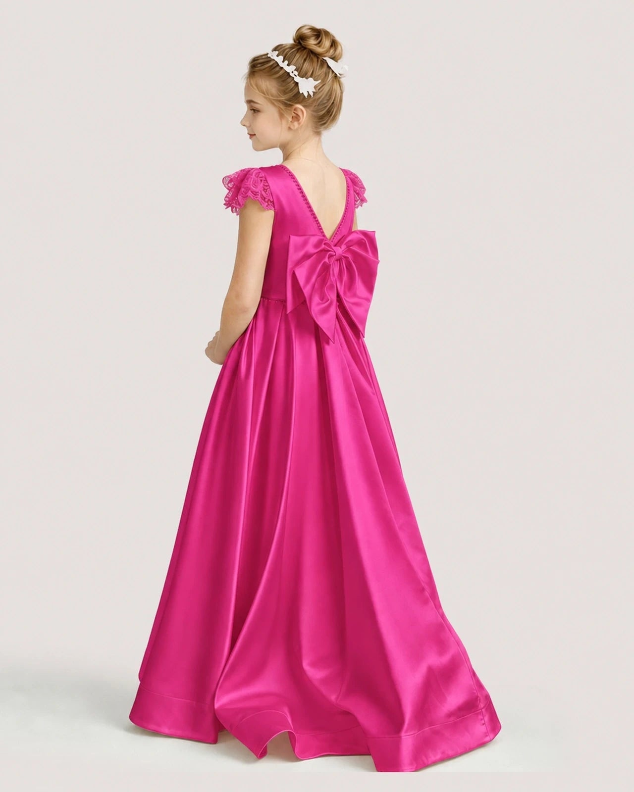 Dideyttawl Satin Girl Formal Dress with Lace Cap Sleeves