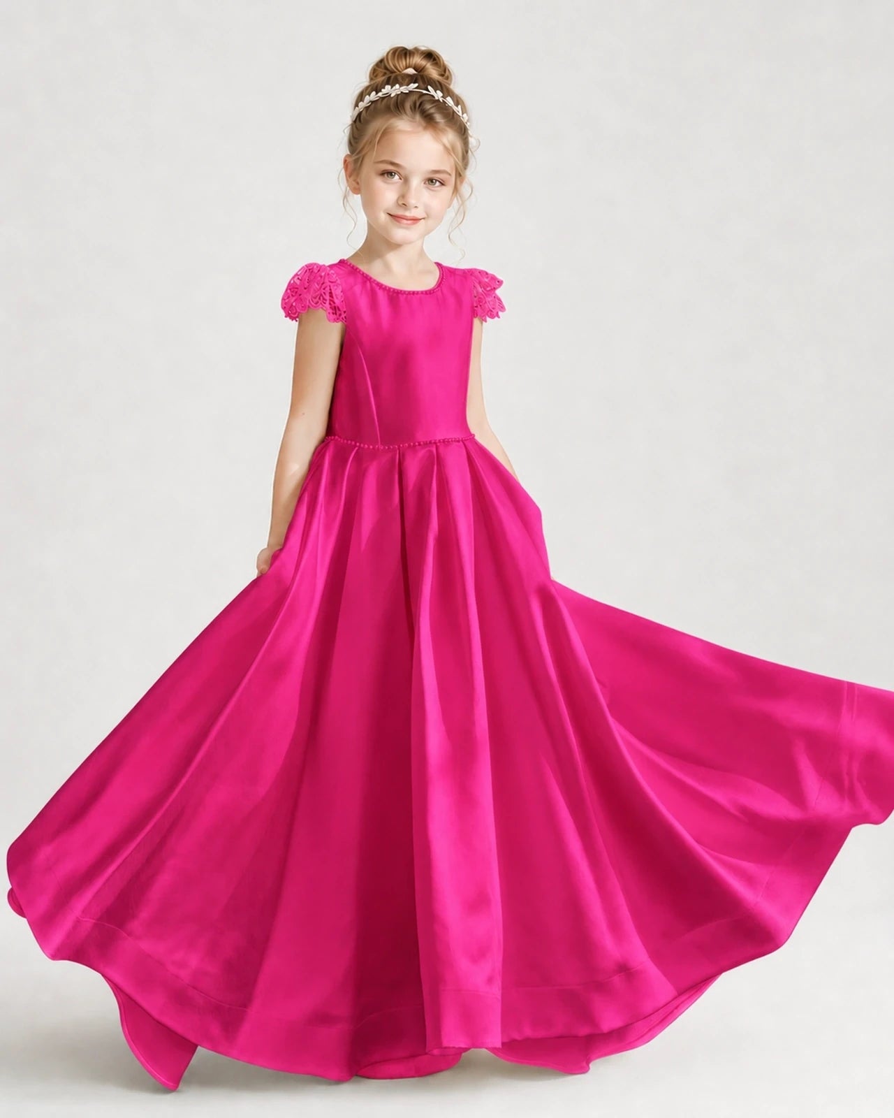 Dideyttawl Satin Girl Formal Dress with Lace Cap Sleeves