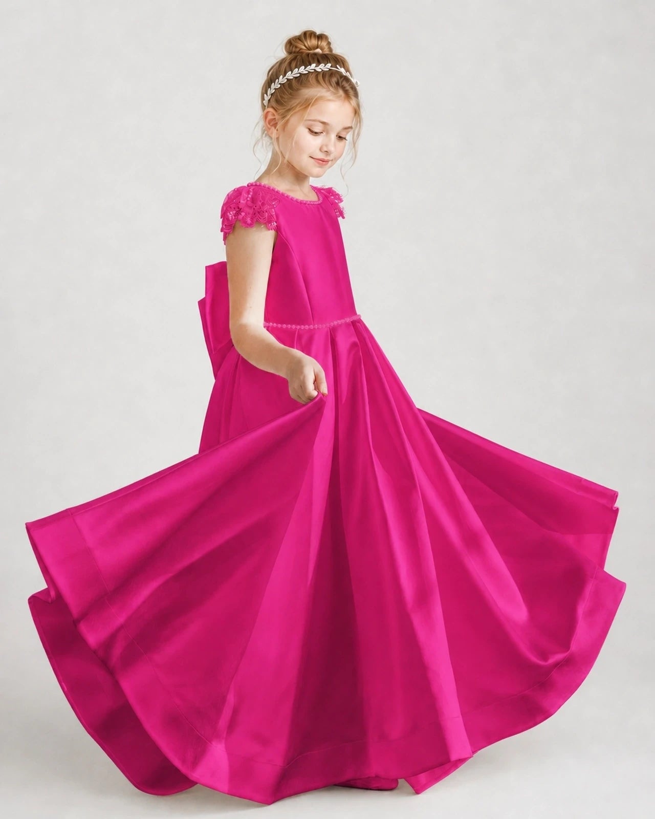 Dideyttawl Satin Girl Formal Dress with Lace Cap Sleeves