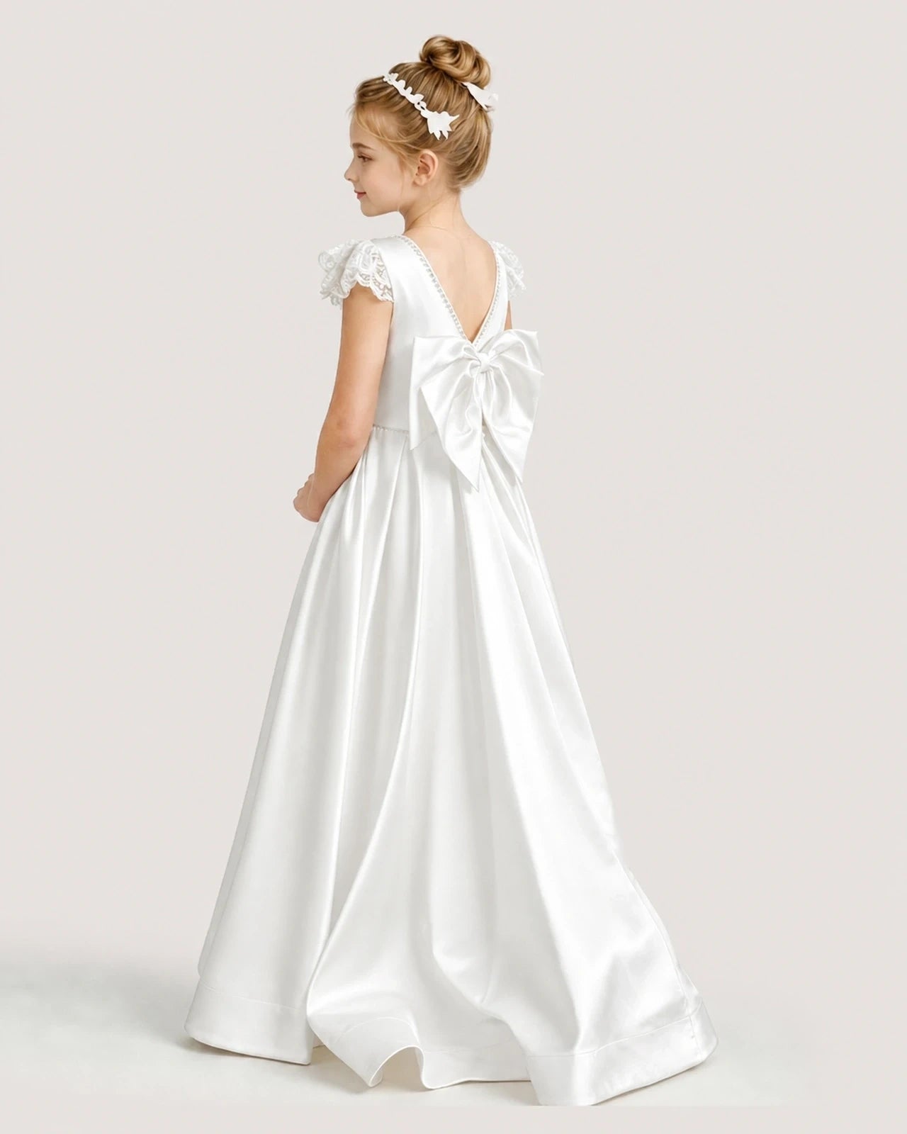 Dideyttawl Satin Girl Formal Dress with Lace Cap Sleeves