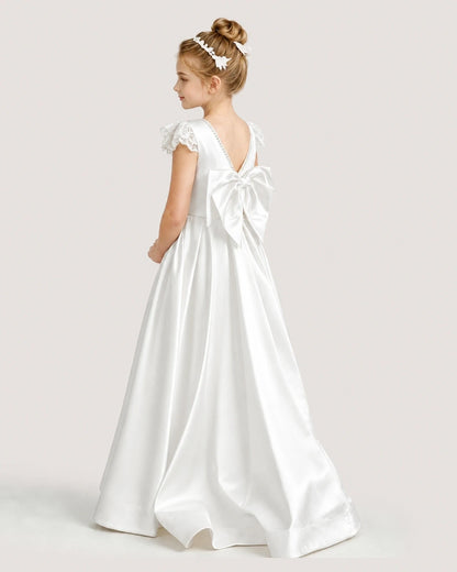 Dideyttawl Satin Girl Formal Dress with Lace Cap Sleeves