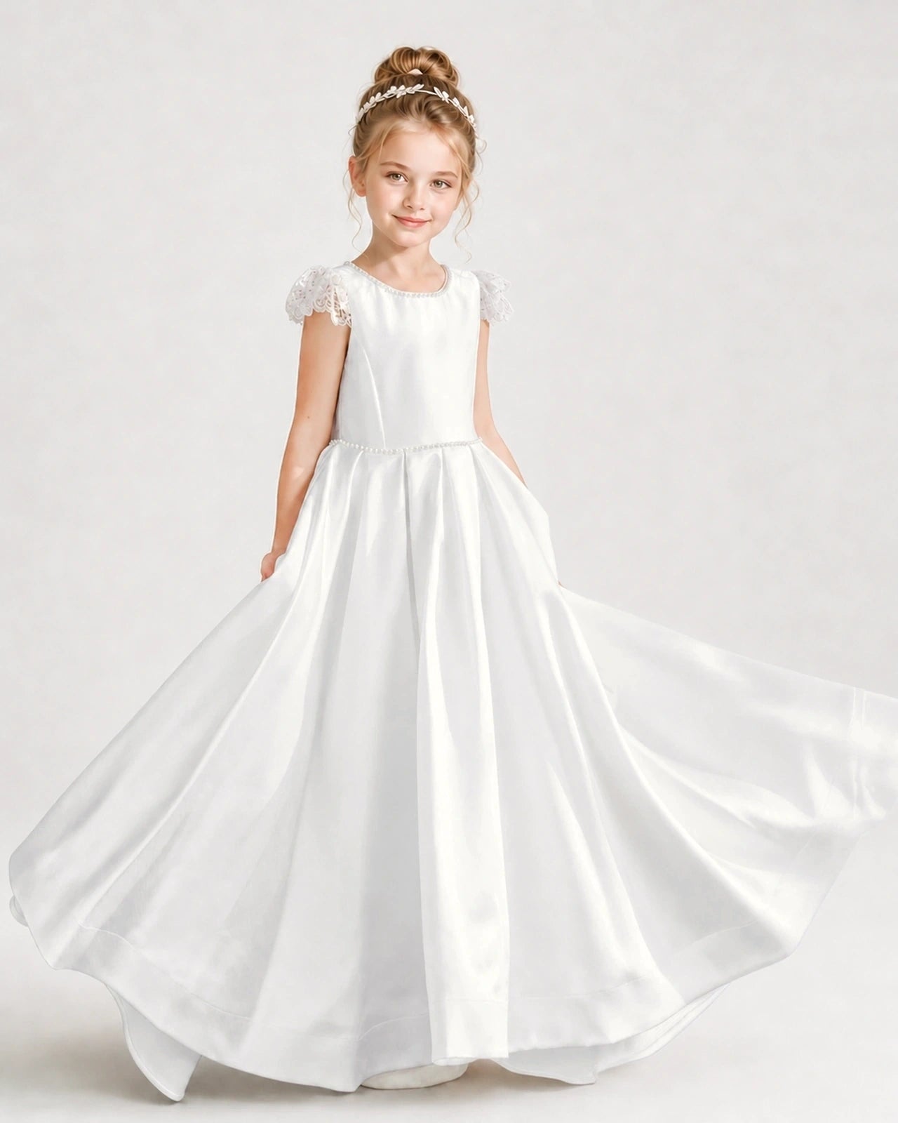 Dideyttawl Satin Girl Formal Dress with Lace Cap Sleeves