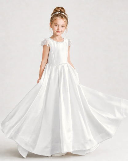 Dideyttawl Satin Girl Formal Dress with Lace Cap Sleeves