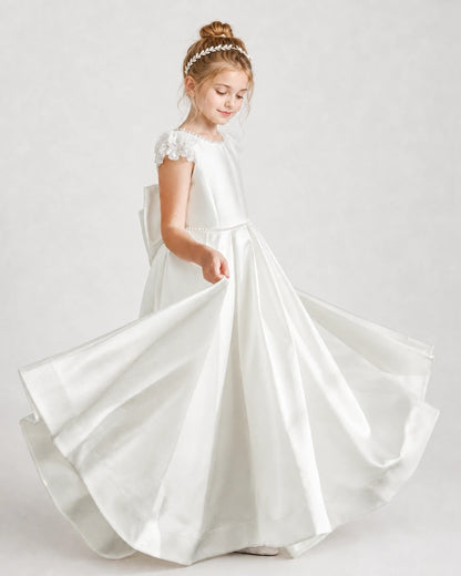 Dideyttawl Satin Girl Formal Dress with Lace Cap Sleeves