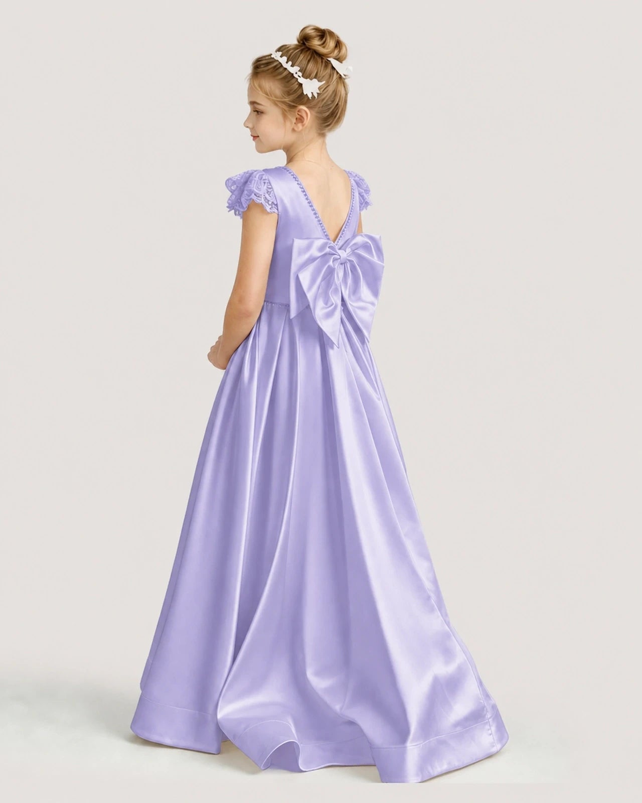 Dideyttawl Satin Girl Formal Dress with Lace Cap Sleeves