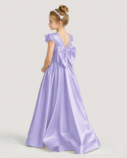 Dideyttawl Satin Girl Formal Dress with Lace Cap Sleeves
