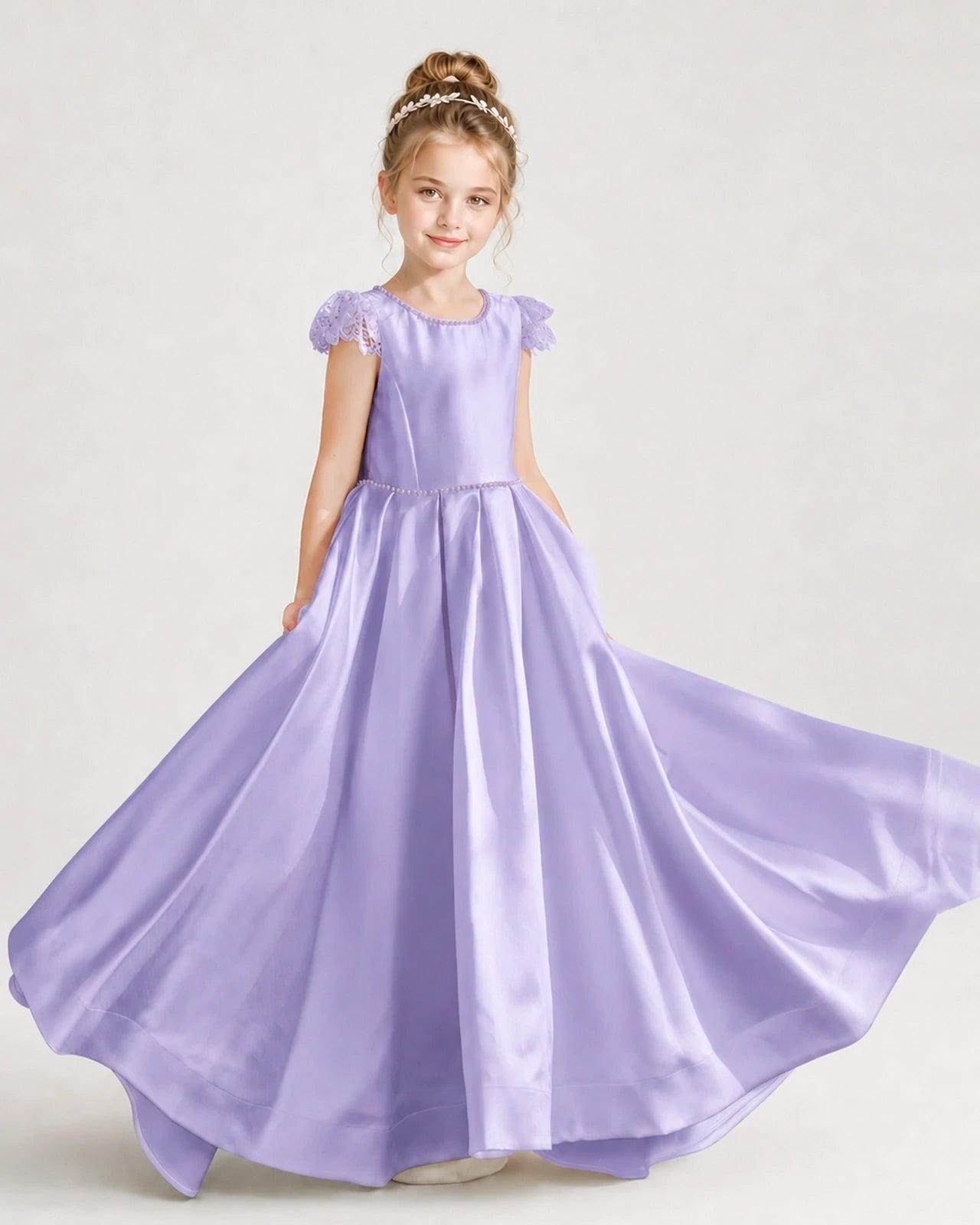 Dideyttawl Satin Girl Formal Dress with Lace Cap Sleeves