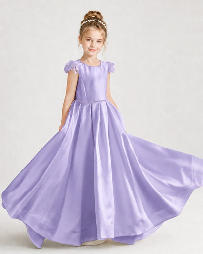 Dideyttawl Satin Girl Formal Dress with Lace Cap Sleeves