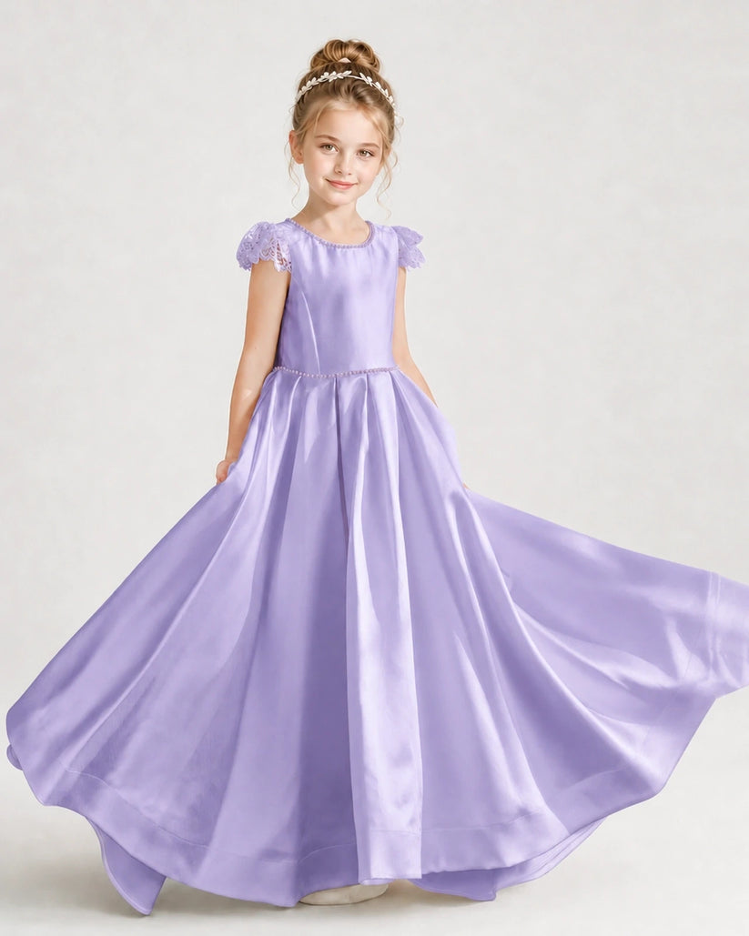 Lavender Satin A-Line Girls Formal Dresses Front View