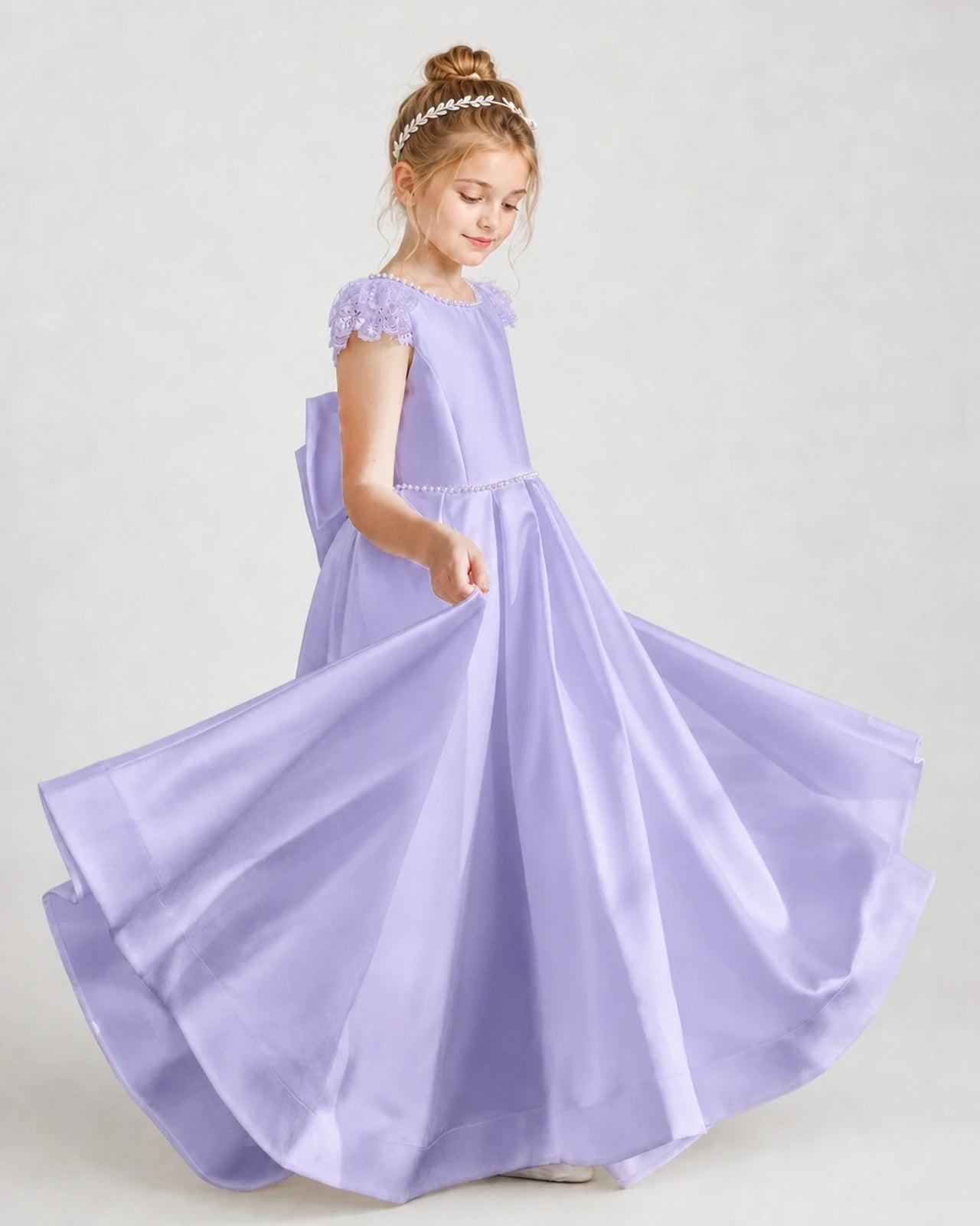 Dideyttawl Satin Girl Formal Dress with Lace Cap Sleeves