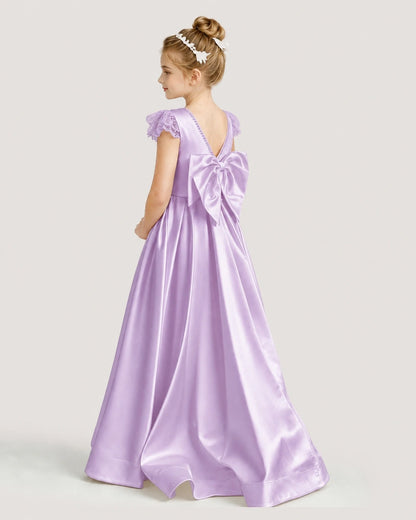 Dideyttawl Satin Girl Formal Dress with Lace Cap Sleeves