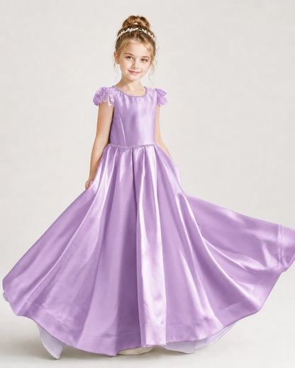 Dideyttawl Satin Girl Formal Dress with Lace Cap Sleeves