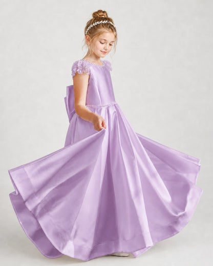 Dideyttawl Satin Girl Formal Dress with Lace Cap Sleeves