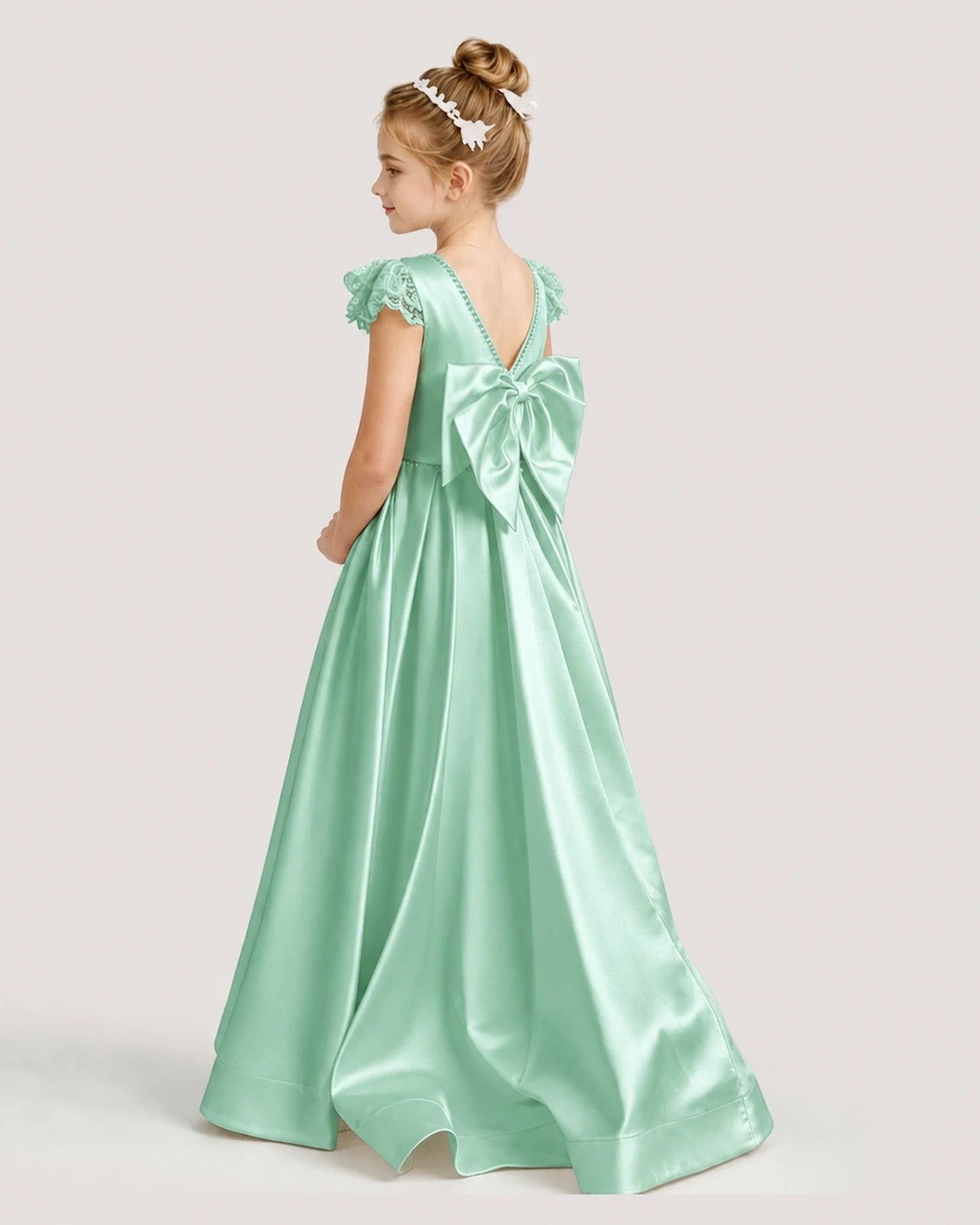 Dideyttawl Satin Girl Formal Dress with Lace Cap Sleeves