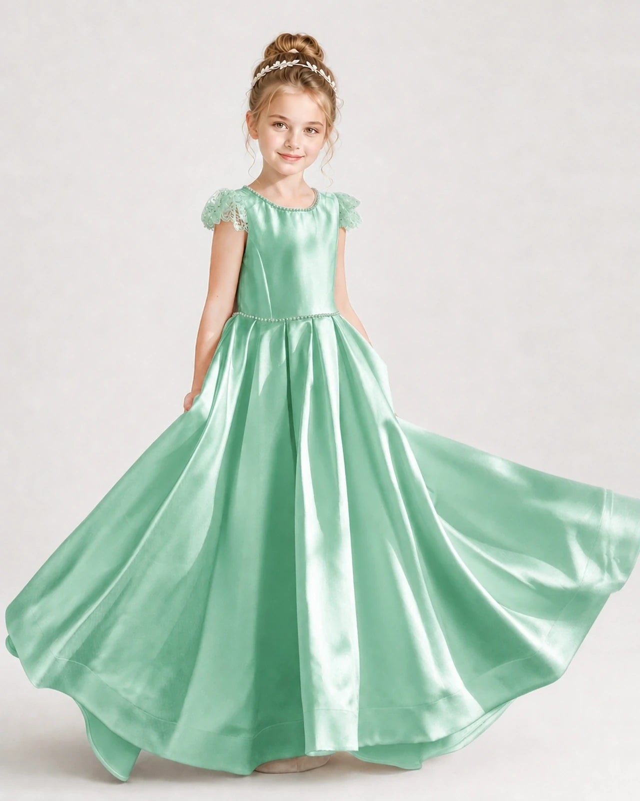 Dideyttawl Satin Girl Formal Dress with Lace Cap Sleeves