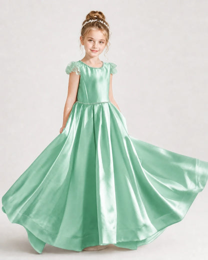 Dideyttawl Satin Girl Formal Dress with Lace Cap Sleeves