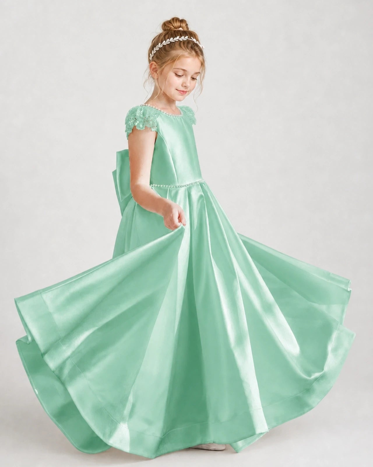 Dideyttawl Satin Girl Formal Dress with Lace Cap Sleeves