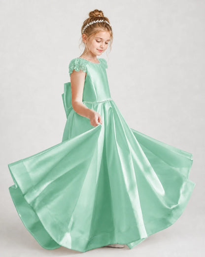 Dideyttawl Satin Girl Formal Dress with Lace Cap Sleeves