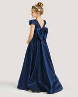 Navy Blue Satin V-Back Bow Girls Formal Dresses Back View