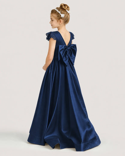 Dideyttawl Satin Girl Formal Dress with Lace Cap Sleeves