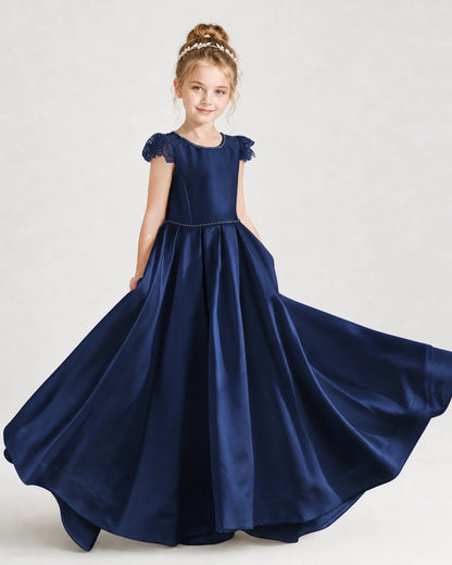 Dideyttawl Satin Girl Formal Dress with Lace Cap Sleeves
