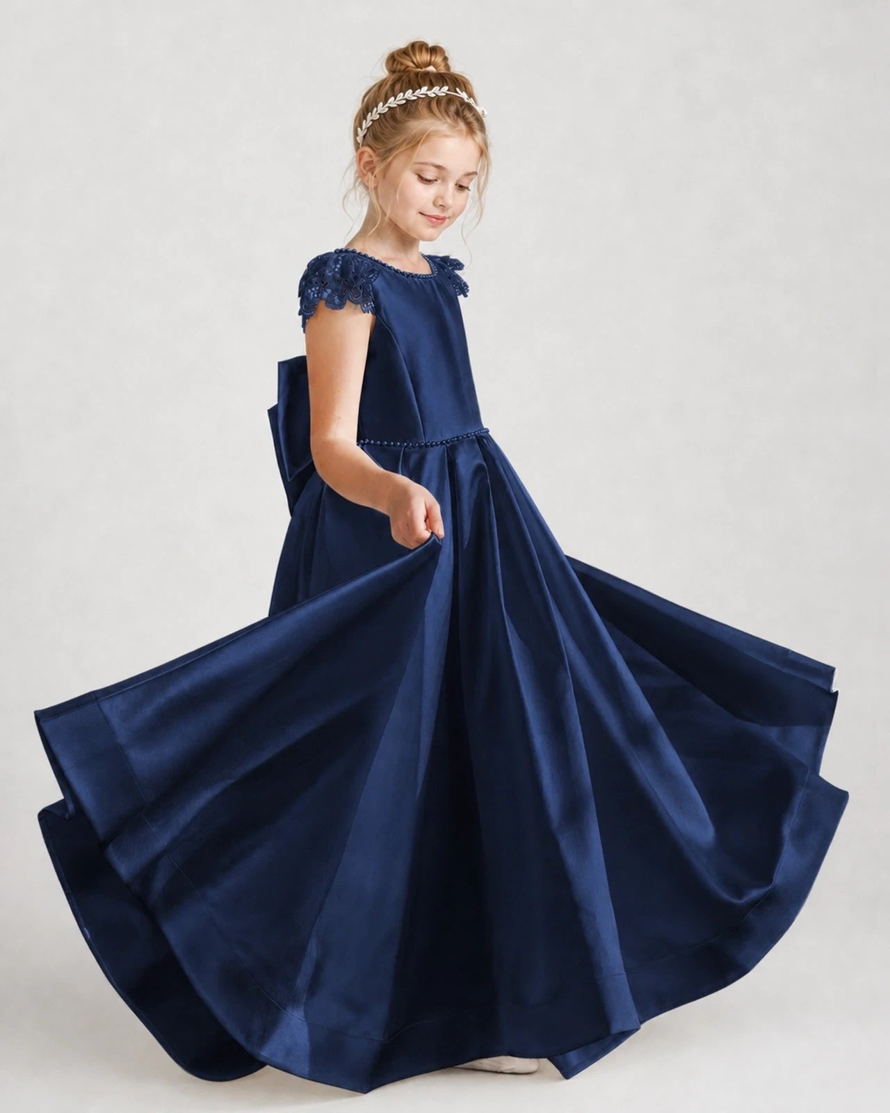 Dideyttawl Satin Girl Formal Dress with Lace Cap Sleeves