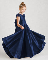 Navy Blue Satin Pleated Girls Formal Dresses Side View