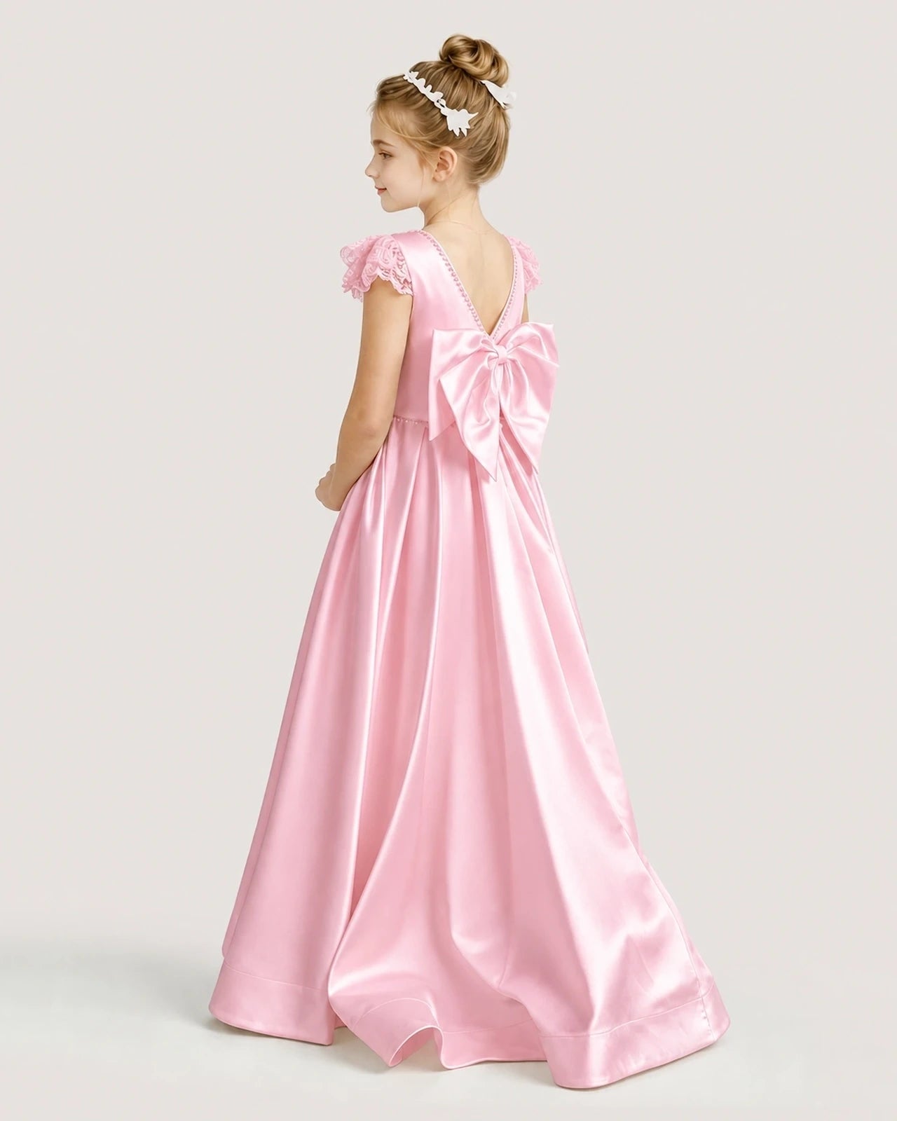 Dideyttawl Satin Girl Formal Dress with Lace Cap Sleeves
