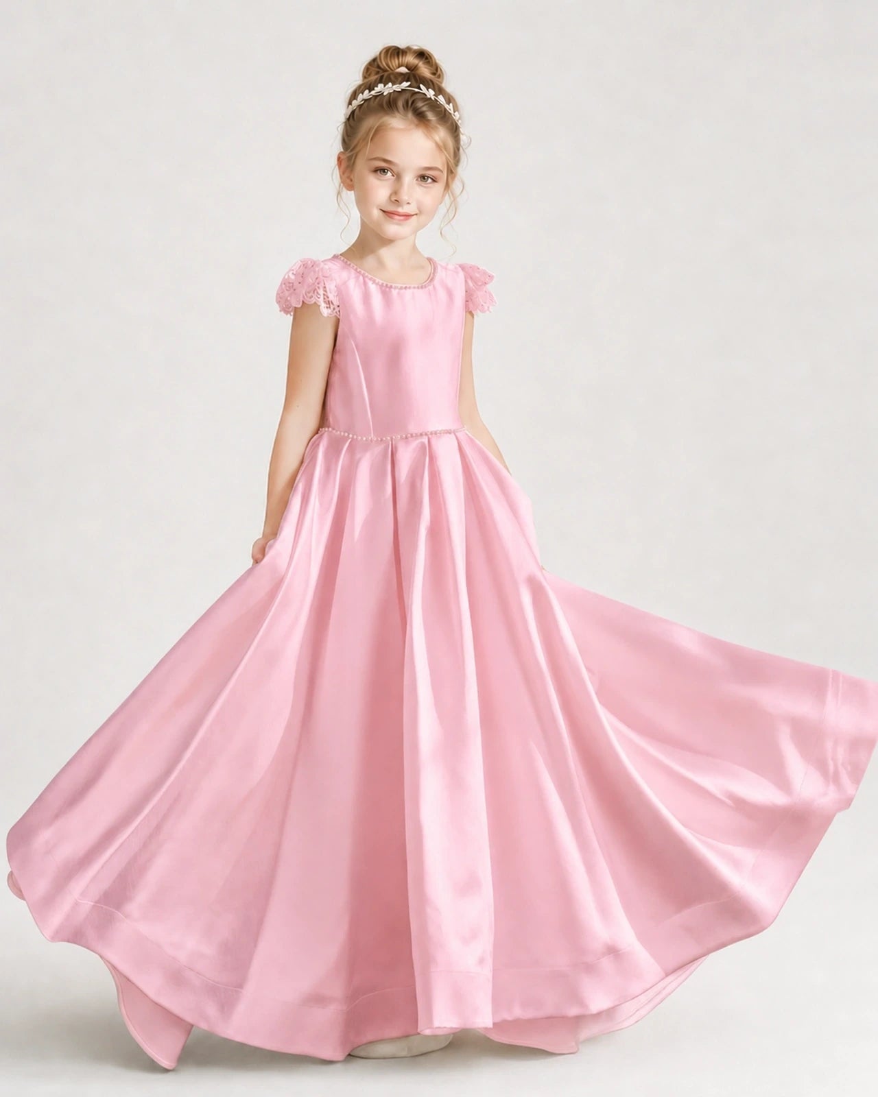 Dideyttawl Satin Girl Formal Dress with Lace Cap Sleeves