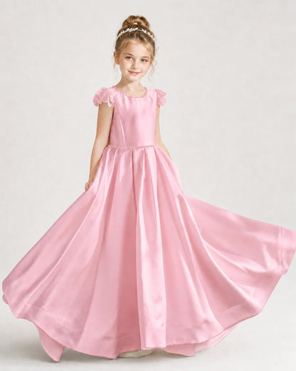 Dideyttawl Satin Girl Formal Dress with Lace Cap Sleeves