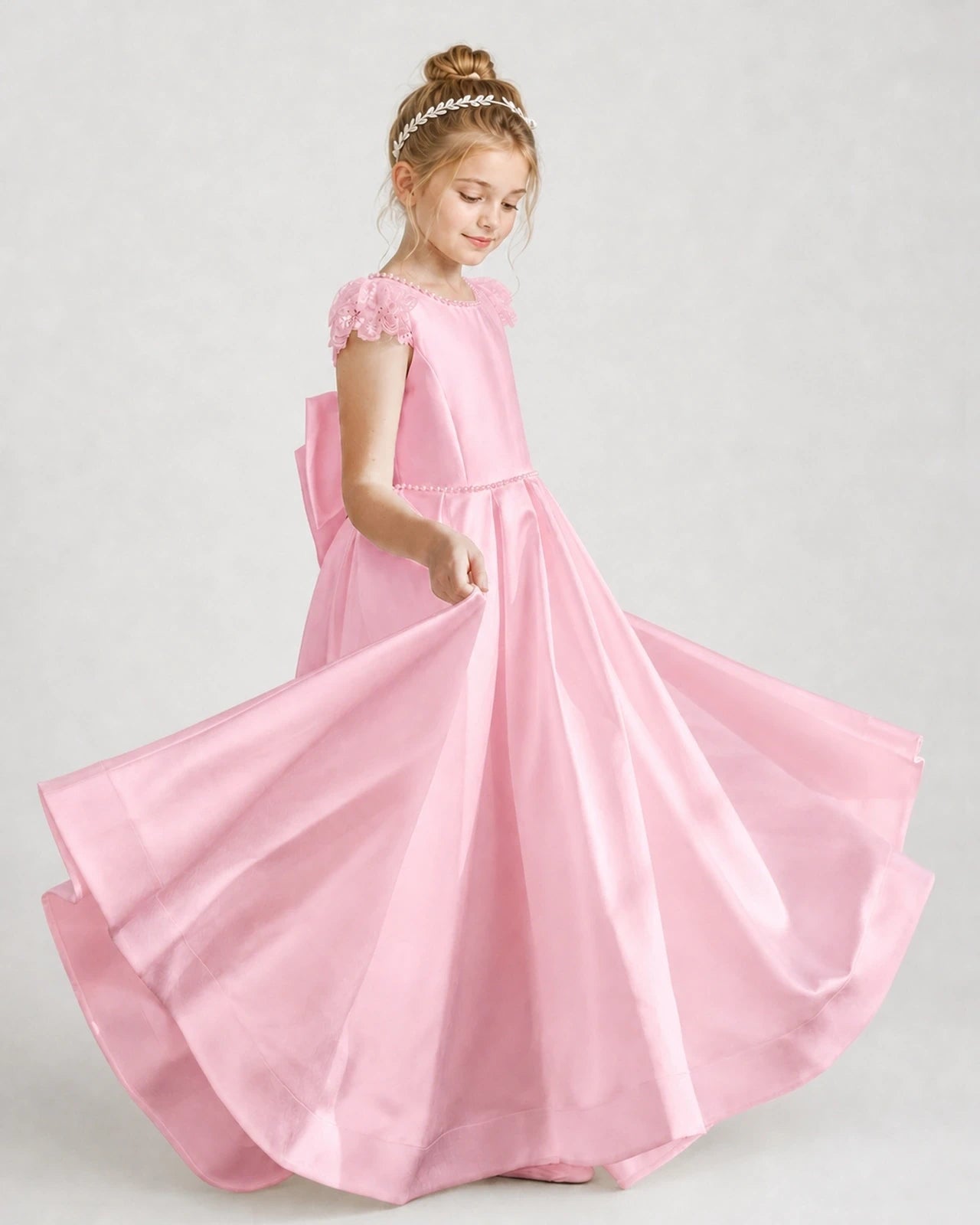 Dideyttawl Satin Girl Formal Dress with Lace Cap Sleeves