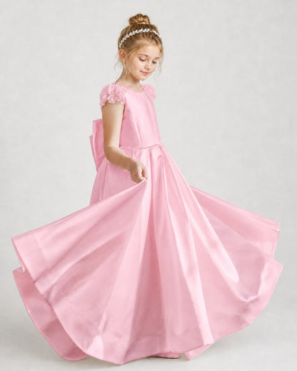 Dideyttawl Satin Girl Formal Dress with Lace Cap Sleeves