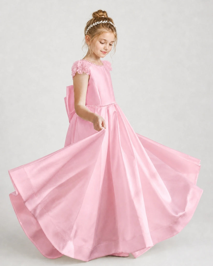 Pink satin ball gown girls formal dress, side view