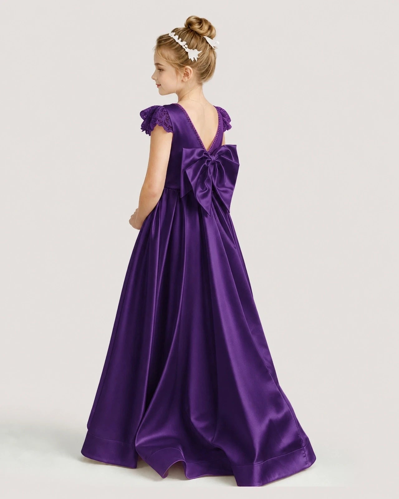 Dideyttawl Satin Girl Formal Dress with Lace Cap Sleeves