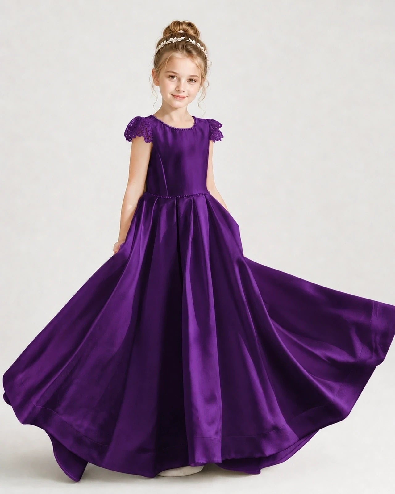 Dideyttawl Satin Girl Formal Dress with Lace Cap Sleeves