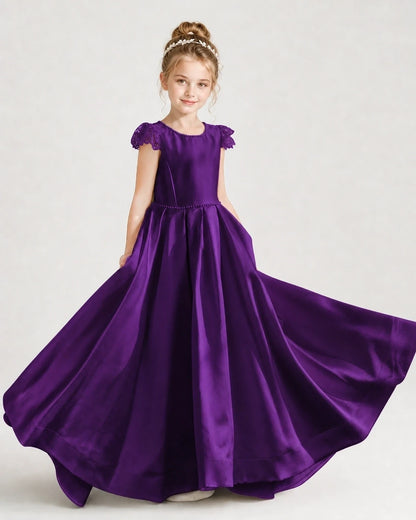 Dideyttawl Satin Girl Formal Dress with Lace Cap Sleeves