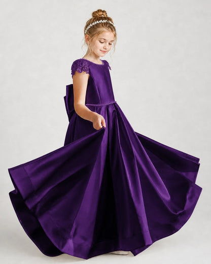 Dideyttawl Satin Girl Formal Dress with Lace Cap Sleeves