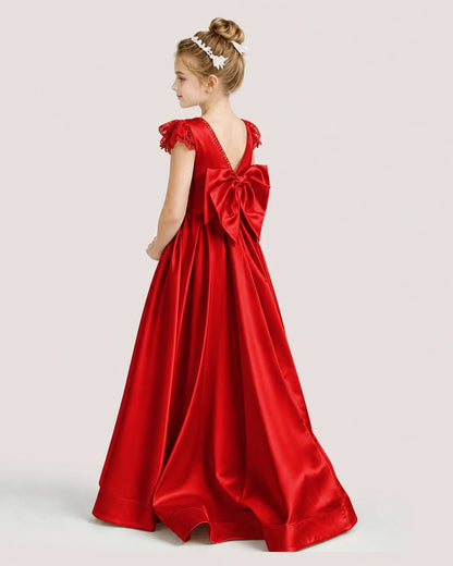 Dideyttawl Satin Girl Formal Dress with Lace Cap Sleeves