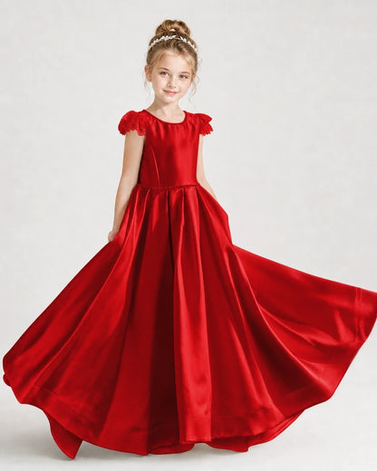 Dideyttawl Satin Girl Formal Dress with Lace Cap Sleeves