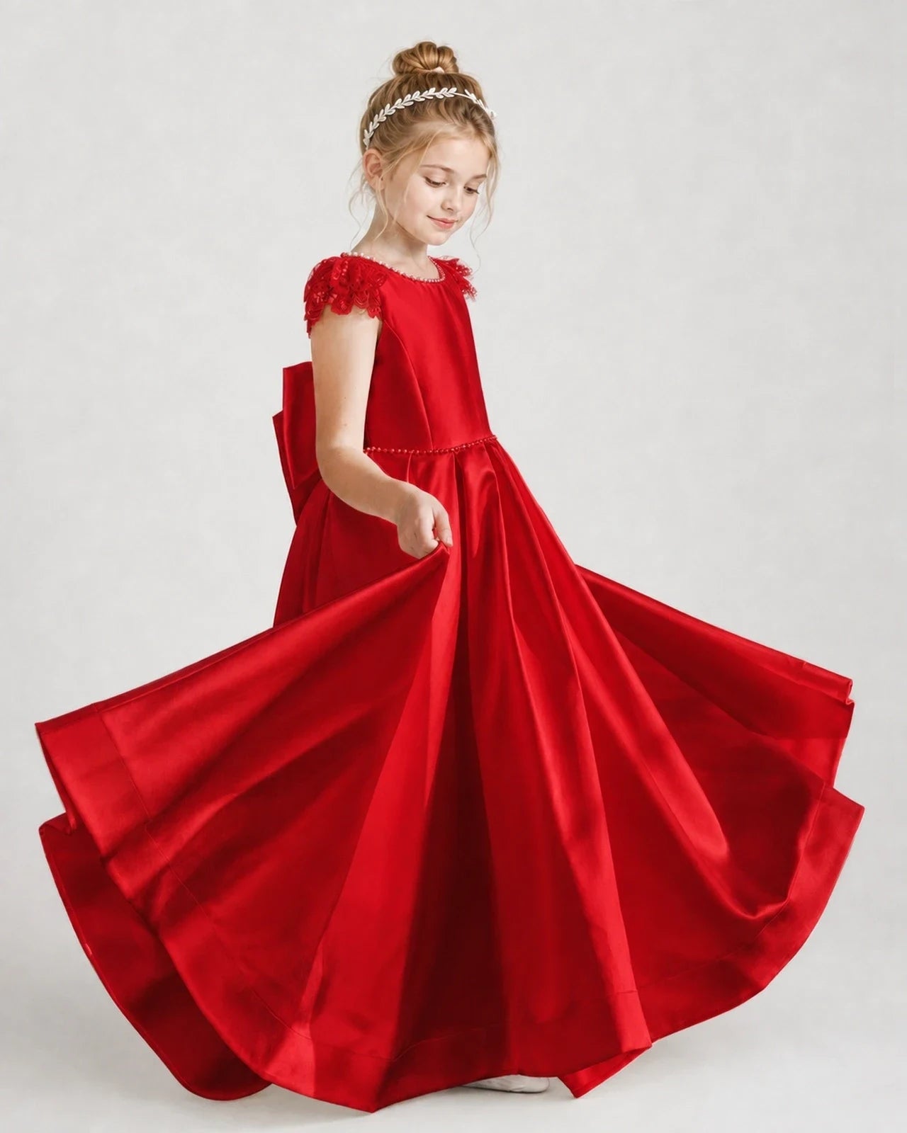 Dideyttawl Satin Girl Formal Dress with Lace Cap Sleeves
