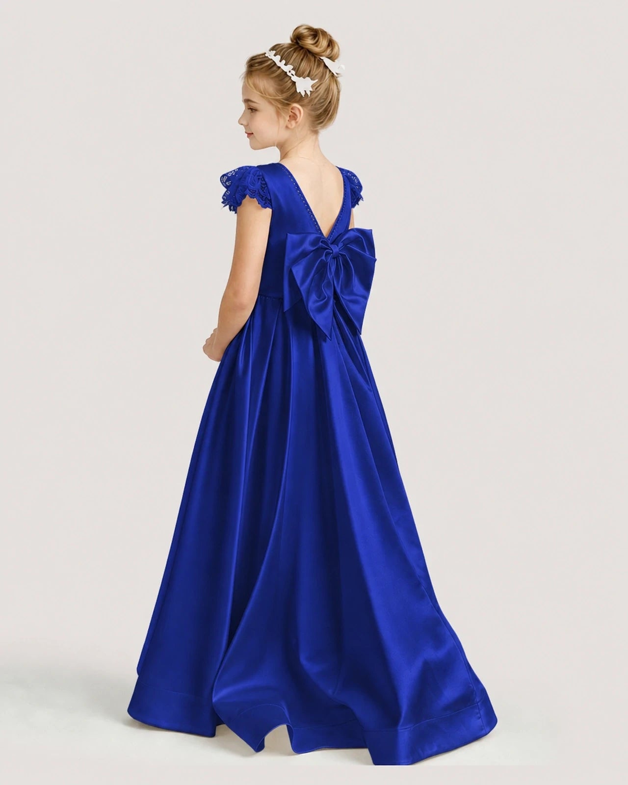 Dideyttawl Satin Girl Formal Dress with Lace Cap Sleeves