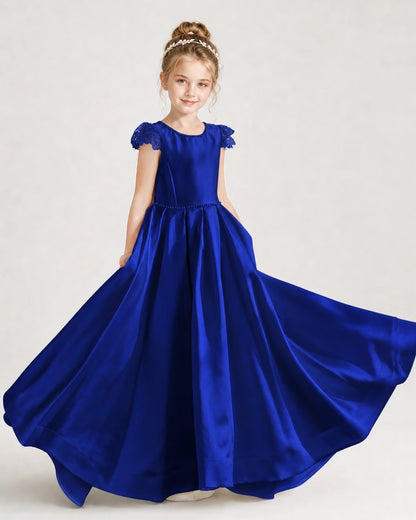Dideyttawl Satin Girl Formal Dress with Lace Cap Sleeves