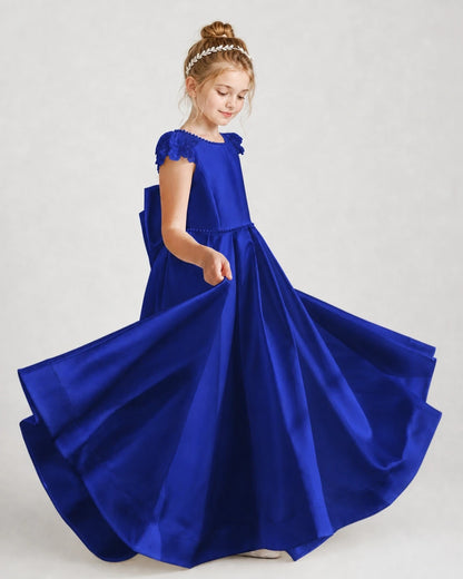 Dideyttawl Satin Girl Formal Dress with Lace Cap Sleeves