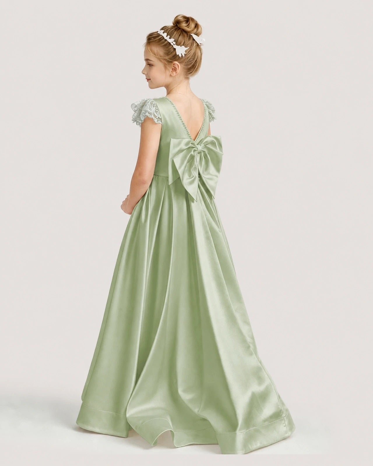 Dideyttawl Satin Girl Formal Dress with Lace Cap Sleeves